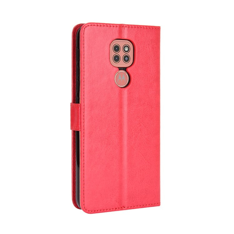 Crazy Horse Leather Shell with Wallet Stand Phone Case for Motorola Moto E7 Plus - Red