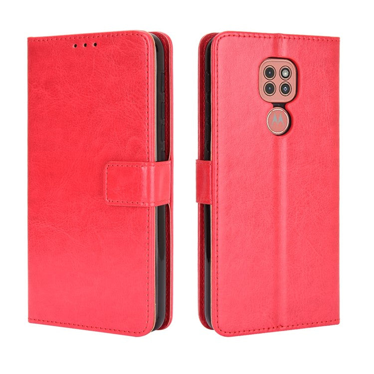Crazy Horse Leather Shell with Wallet Stand Phone Case for Motorola Moto E7 Plus - Red