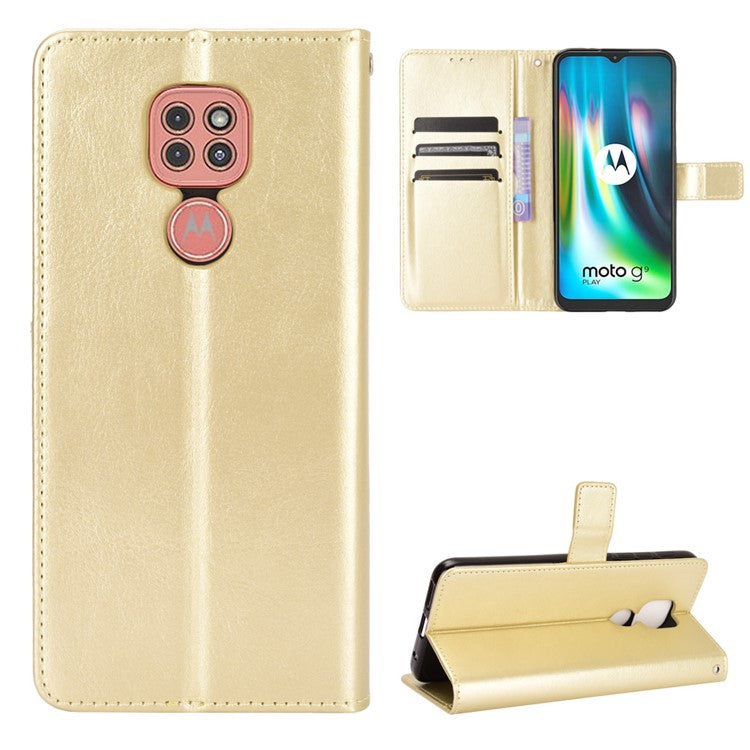 Crazy Horse Leather Shell with Wallet Stand Phone Case for Motorola Moto E7 Plus - Gold