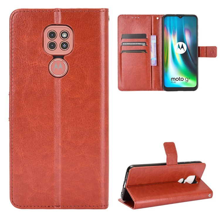 Crazy Horse Leather Shell with Wallet Stand Phone Case for Motorola Moto E7 Plus - Brown