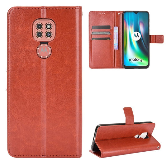 Crazy Horse Leather Shell with Wallet Stand Phone Case for Motorola Moto E7 Plus - Brown