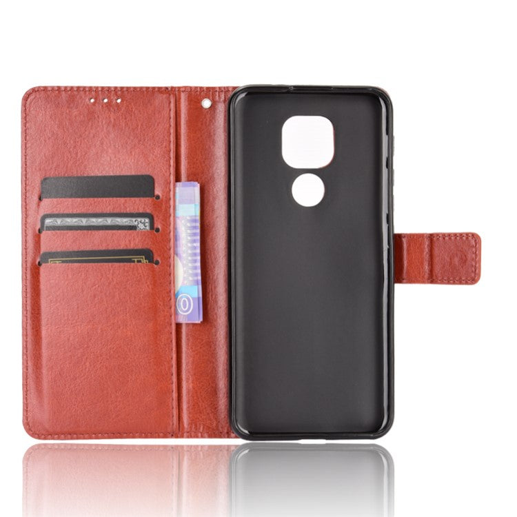 Crazy Horse Leather Shell with Wallet Stand Phone Case for Motorola Moto E7 Plus - Brown