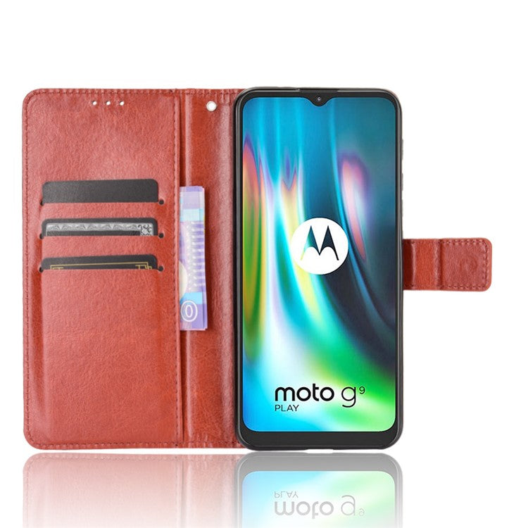 Crazy Horse Leather Shell with Wallet Stand Phone Case for Motorola Moto E7 Plus - Brown