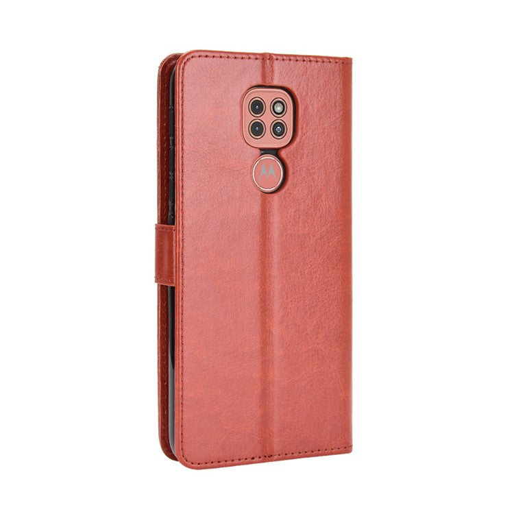 Crazy Horse Leather Shell with Wallet Stand Phone Case for Motorola Moto E7 Plus - Brown