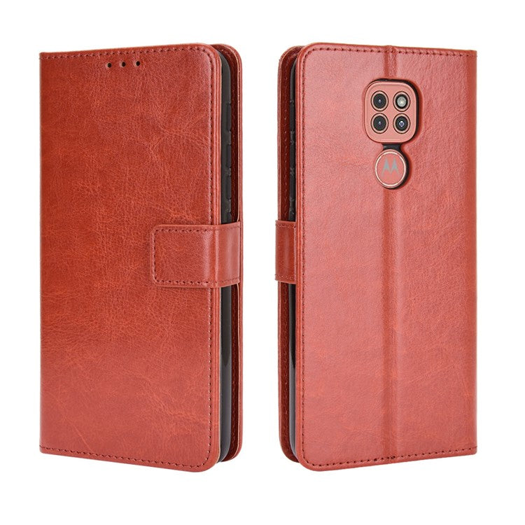 Crazy Horse Leather Shell with Wallet Stand Phone Case for Motorola Moto E7 Plus - Brown