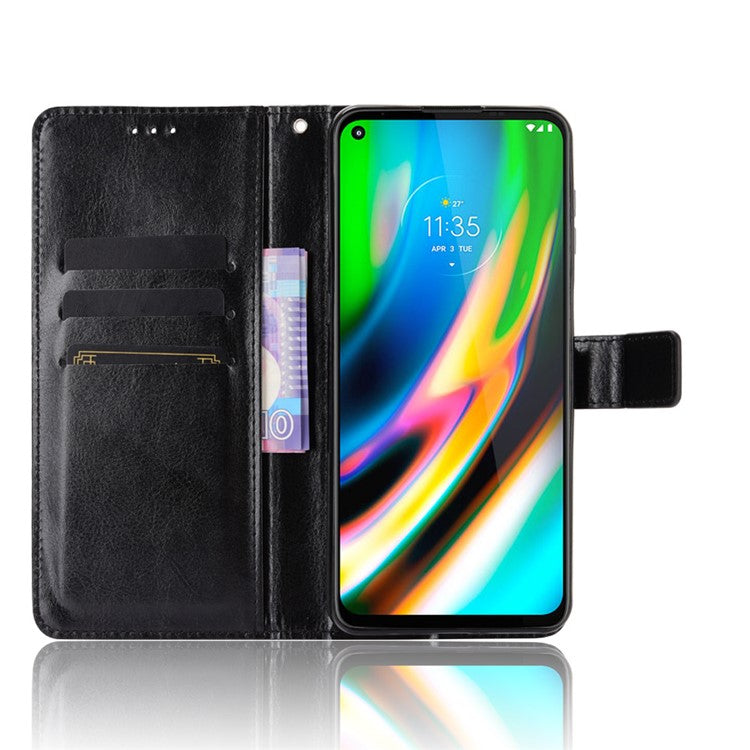 Crazy Horse Texture Leather Stand Phone Cover Case with Wallet for Motorola Moto G9 Plus - Black