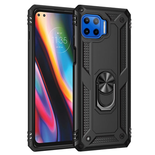Shockproof PC + TPU Combo Phone Cover with Ring Kickstand for Motorola Moto G 5G Plus - Black