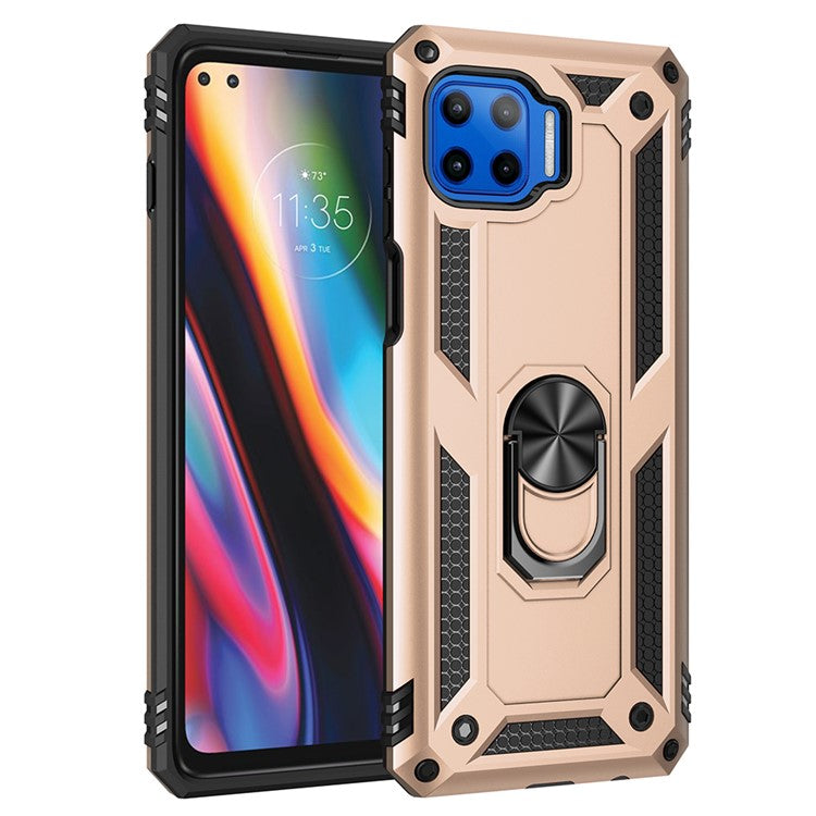 Shockproof PC + TPU Combo Phone Cover with Ring Kickstand for Motorola Moto G 5G Plus - Gold