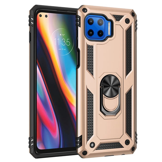 Shockproof PC + TPU Combo Phone Cover with Ring Kickstand for Motorola Moto G 5G Plus - Gold