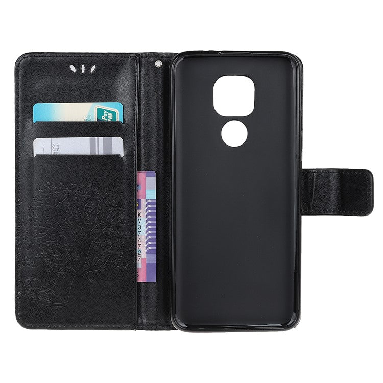 Stylish Imprint Tree and Owls Wallet Leather Phone Protector for Motorola Moto G9 Play / Moto E7 Plus - Black