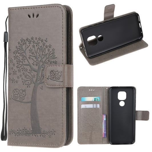 Stylish Imprint Tree and Owls Wallet Leather Phone Protector for Motorola Moto G9 Play / Moto E7 Plus - Grey