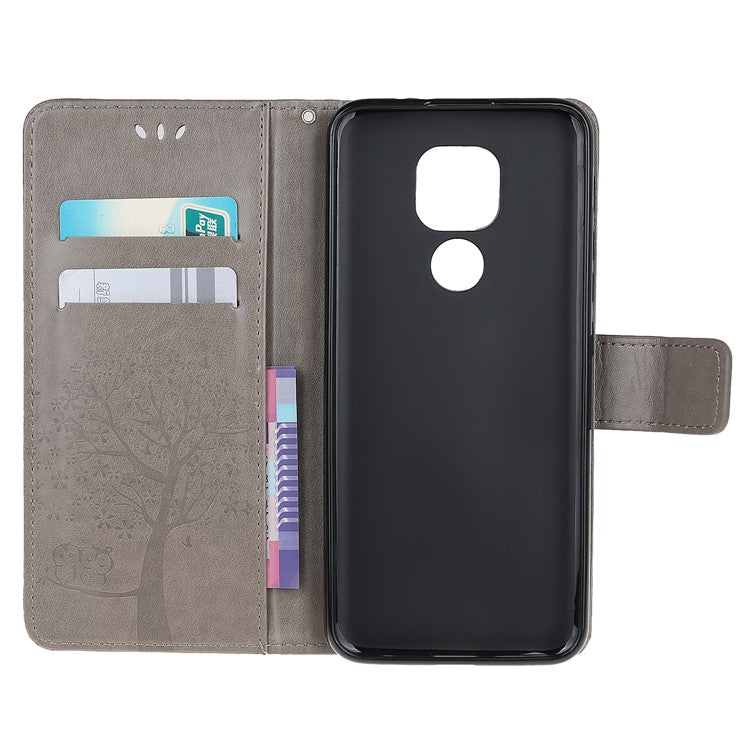 Stylish Imprint Tree and Owls Wallet Leather Phone Protector for Motorola Moto G9 Play / Moto E7 Plus - Grey