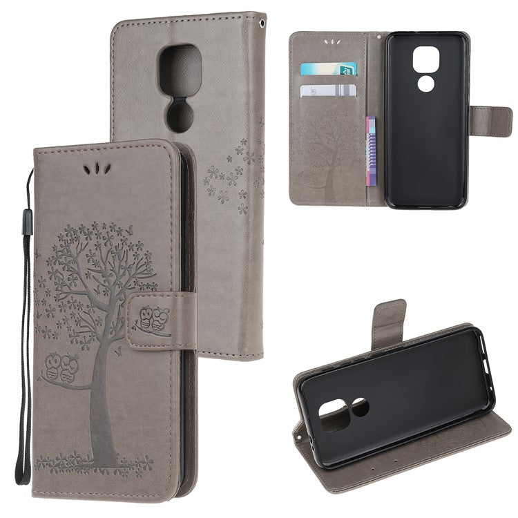 Stylish Imprint Tree and Owls Wallet Leather Phone Protector for Motorola Moto G9 Play / Moto E7 Plus - Grey
