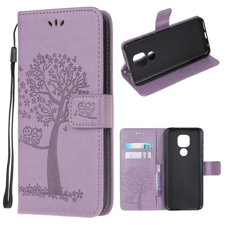 Stylish Imprint Tree and Owls Wallet Leather Phone Protector for Motorola Moto G9 Play / Moto E7 Plus - Light Purple