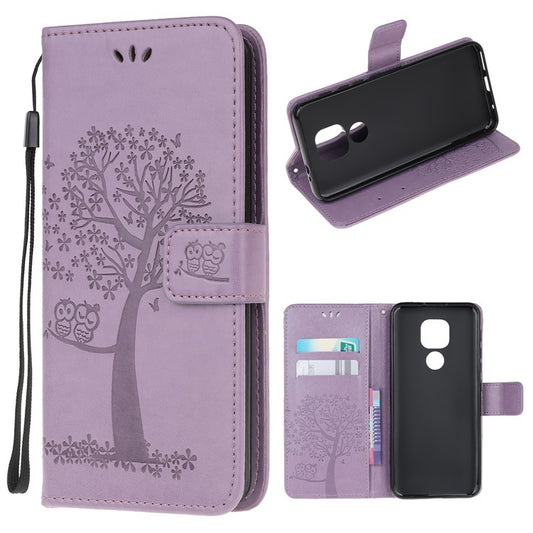 Stylish Imprint Tree and Owls Wallet Leather Phone Protector for Motorola Moto G9 Play / Moto E7 Plus - Light Purple