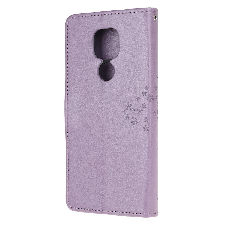 Stylish Imprint Tree and Owls Wallet Leather Phone Protector for Motorola Moto G9 Play / Moto E7 Plus - Light Purple