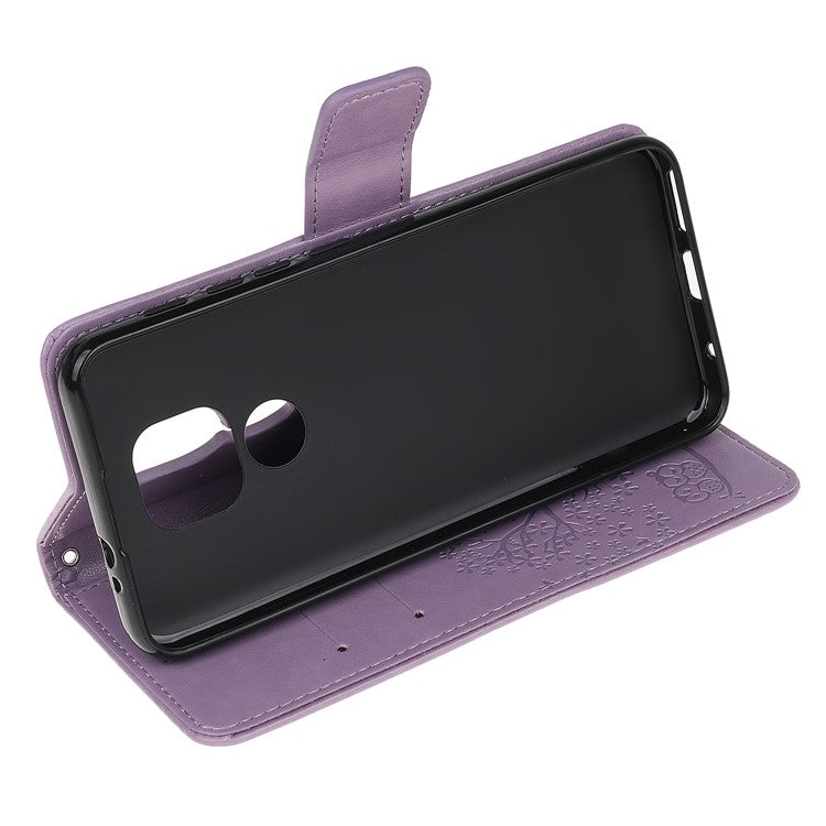 Stylish Imprint Tree and Owls Wallet Leather Phone Protector for Motorola Moto G9 Play / Moto E7 Plus - Light Purple