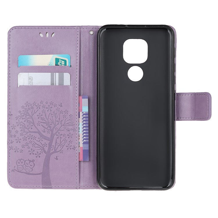 Stylish Imprint Tree and Owls Wallet Leather Phone Protector for Motorola Moto G9 Play / Moto E7 Plus - Light Purple