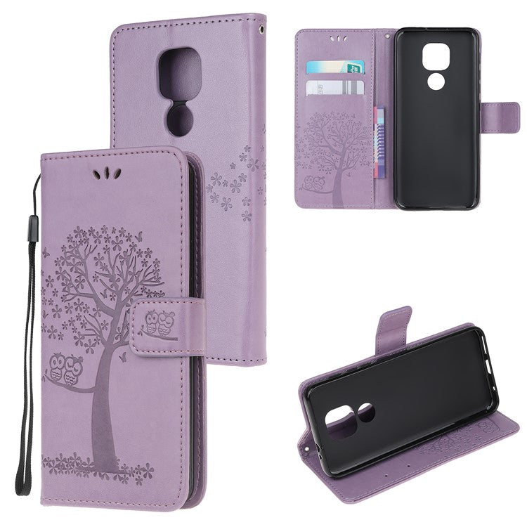 Stylish Imprint Tree and Owls Wallet Leather Phone Protector for Motorola Moto G9 Play / Moto E7 Plus - Light Purple