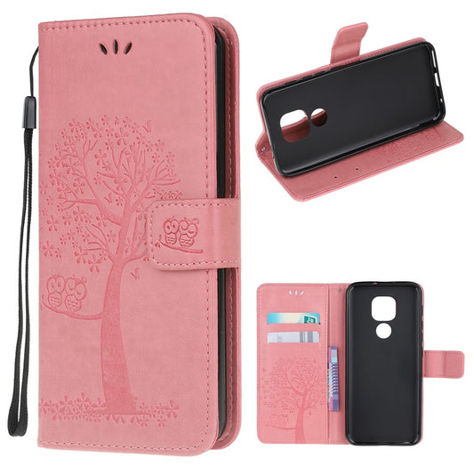 Stylish Imprint Tree and Owls Wallet Leather Phone Protector for Motorola Moto G9 Play / Moto E7 Plus - Pink