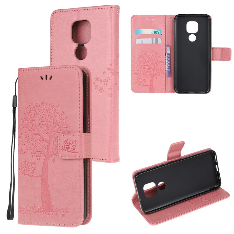 Stylish Imprint Tree and Owls Wallet Leather Phone Protector for Motorola Moto G9 Play / Moto E7 Plus - Pink