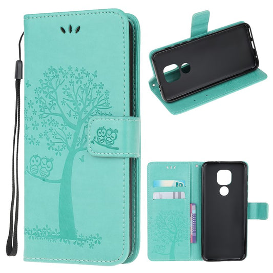 Stylish Imprint Tree and Owls Wallet Leather Phone Protector for Motorola Moto G9 Play / Moto E7 Plus - Cyan