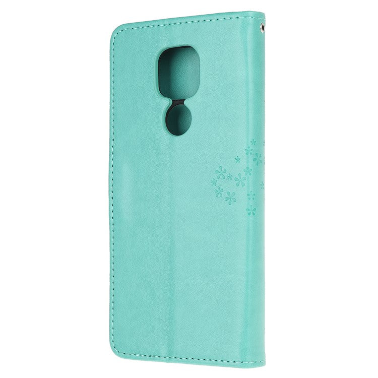 Stylish Imprint Tree and Owls Wallet Leather Phone Protector for Motorola Moto G9 Play / Moto E7 Plus - Cyan