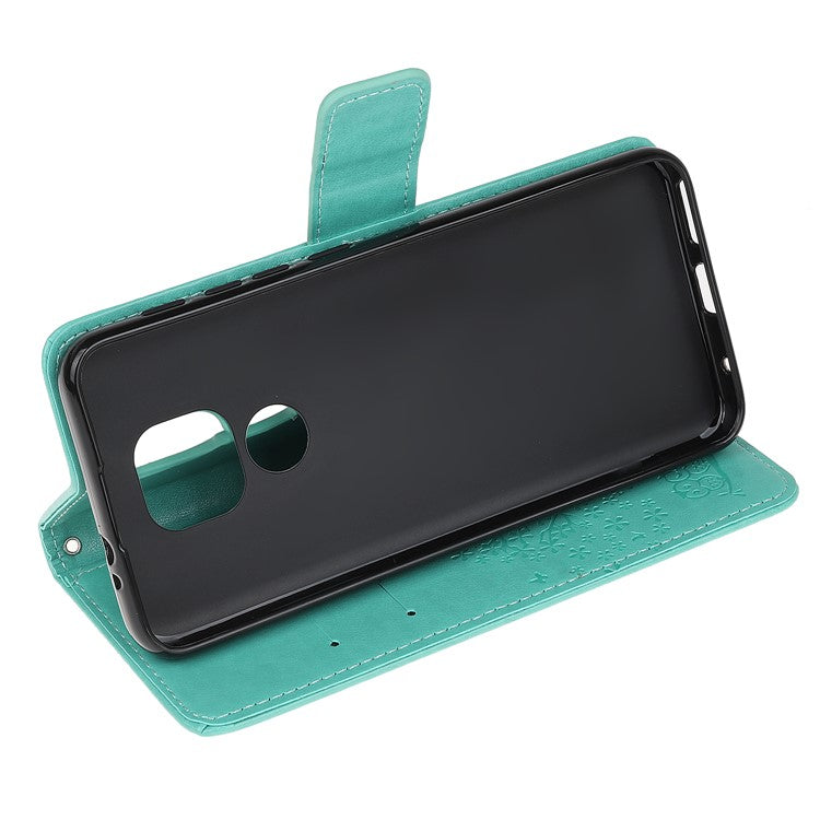 Stylish Imprint Tree and Owls Wallet Leather Phone Protector for Motorola Moto G9 Play / Moto E7 Plus - Cyan