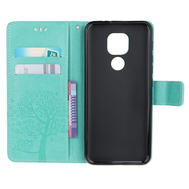 Stylish Imprint Tree and Owls Wallet Leather Phone Protector for Motorola Moto G9 Play / Moto E7 Plus - Cyan