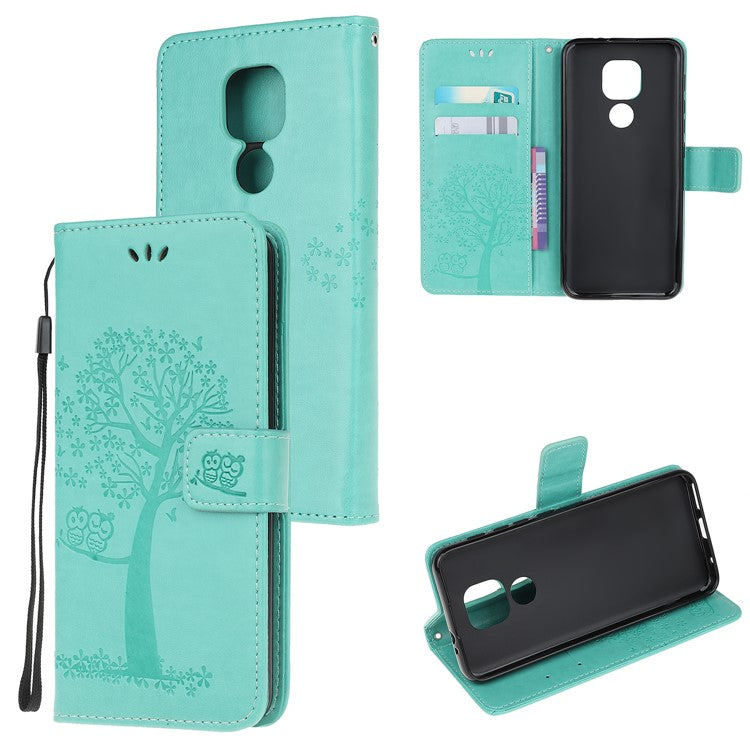 Stylish Imprint Tree and Owls Wallet Leather Phone Protector for Motorola Moto G9 Play / Moto E7 Plus - Cyan