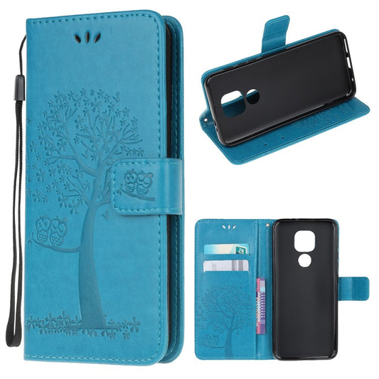 Stylish Imprint Tree and Owls Wallet Leather Phone Protector for Motorola Moto G9 Play / Moto E7 Plus - Blue