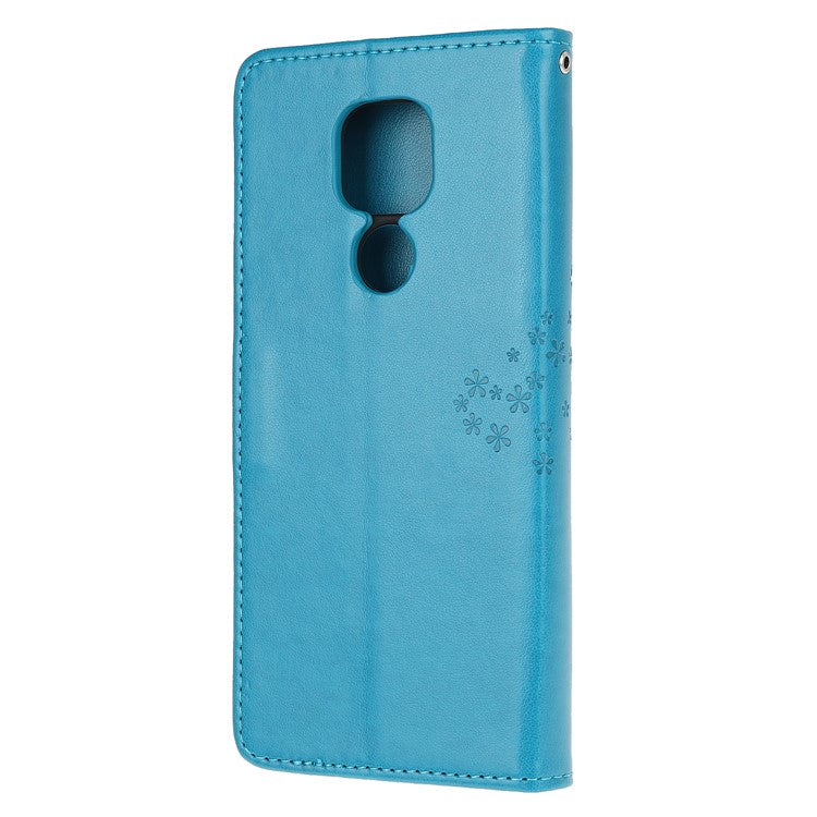 Stylish Imprint Tree and Owls Wallet Leather Phone Protector for Motorola Moto G9 Play / Moto E7 Plus - Blue
