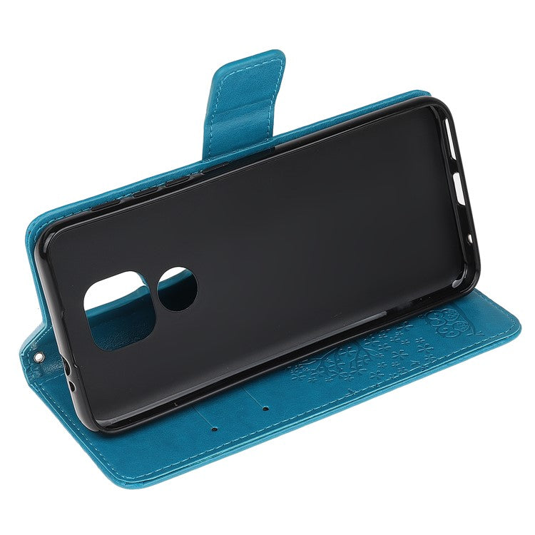 Stylish Imprint Tree and Owls Wallet Leather Phone Protector for Motorola Moto G9 Play / Moto E7 Plus - Blue