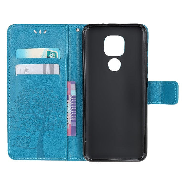 Stylish Imprint Tree and Owls Wallet Leather Phone Protector for Motorola Moto G9 Play / Moto E7 Plus - Blue