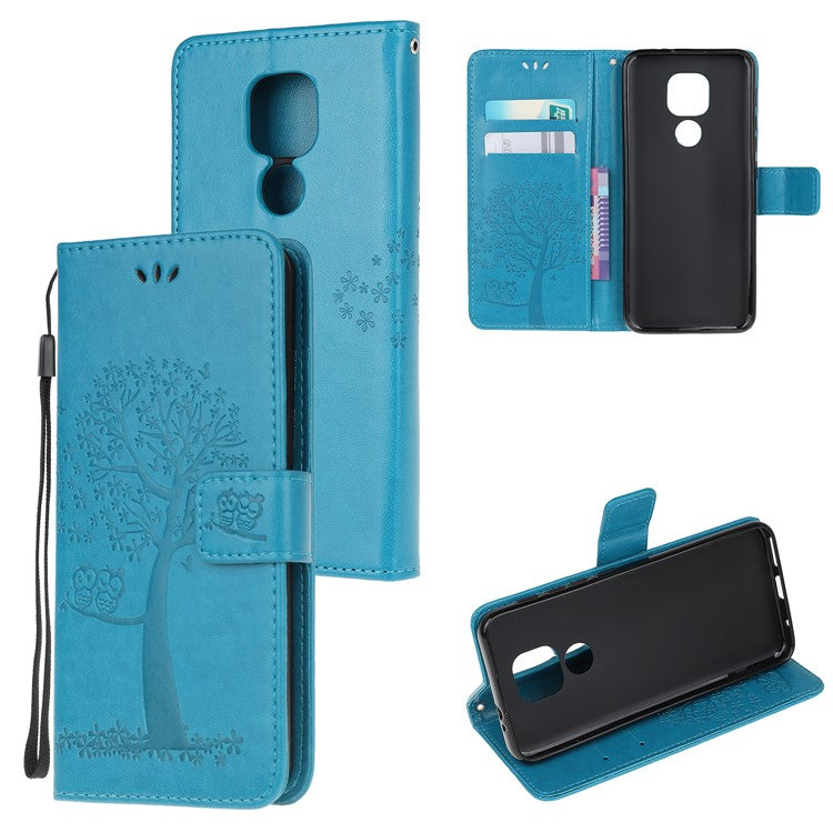 Stylish Imprint Tree and Owls Wallet Leather Phone Protector for Motorola Moto G9 Play / Moto E7 Plus - Blue