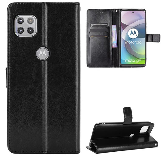 Crazy Horse Wallet Stand Leather Shell with Strap for Motorola Moto G 5G - Black