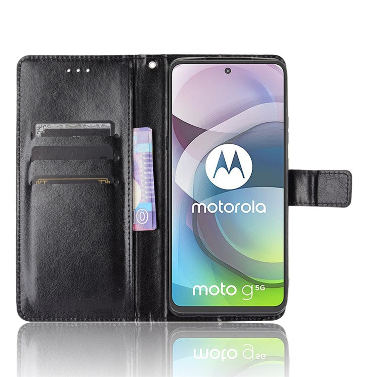 Crazy Horse Wallet Stand Leather Shell with Strap for Motorola Moto G 5G - Black