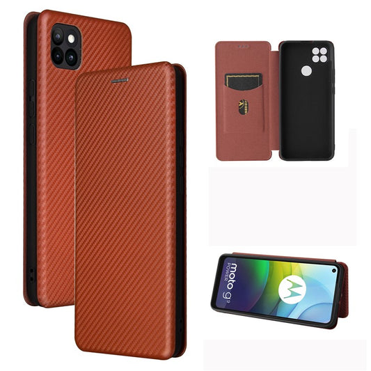 Auto-absorbed Carbon Fiber Leather Case with Card Holder for Motorola Moto G9 Power - Brown