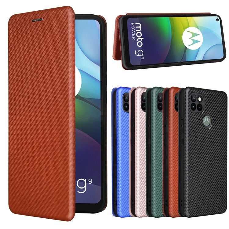 Auto-absorbed Carbon Fiber Leather Case with Card Holder for Motorola Moto G9 Power - Brown