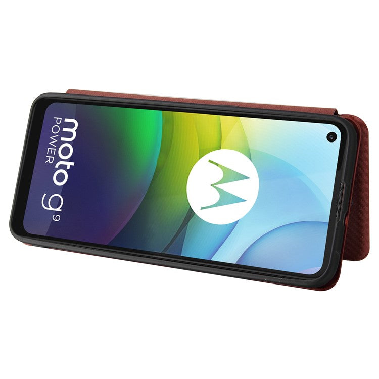 Auto-absorbed Carbon Fiber Leather Case with Card Holder for Motorola Moto G9 Power - Brown