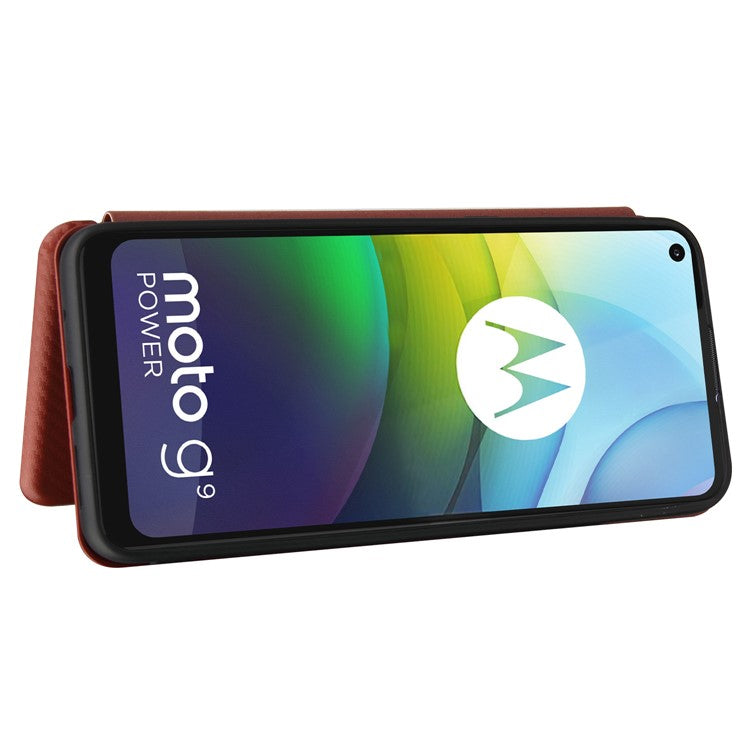 Auto-absorbed Carbon Fiber Leather Case with Card Holder for Motorola Moto G9 Power - Brown