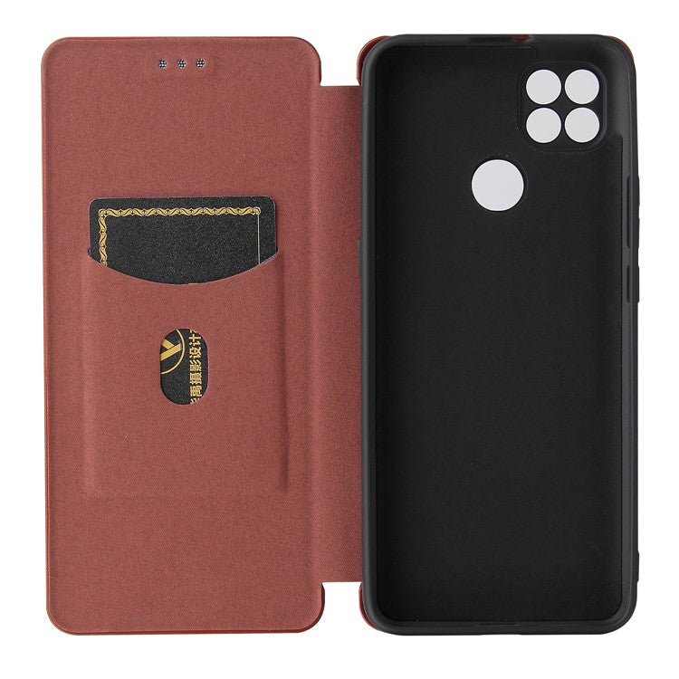 Auto-absorbed Carbon Fiber Leather Case with Card Holder for Motorola Moto G9 Power - Brown