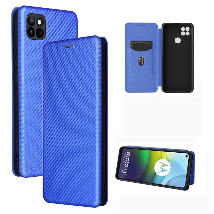 Auto-absorbed Carbon Fiber Leather Case with Card Holder for Motorola Moto G9 Power - Blue