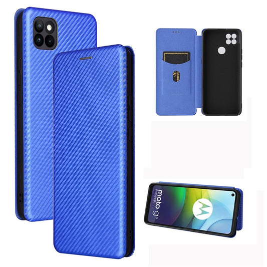 Auto-absorbed Carbon Fiber Leather Case with Card Holder for Motorola Moto G9 Power - Blue