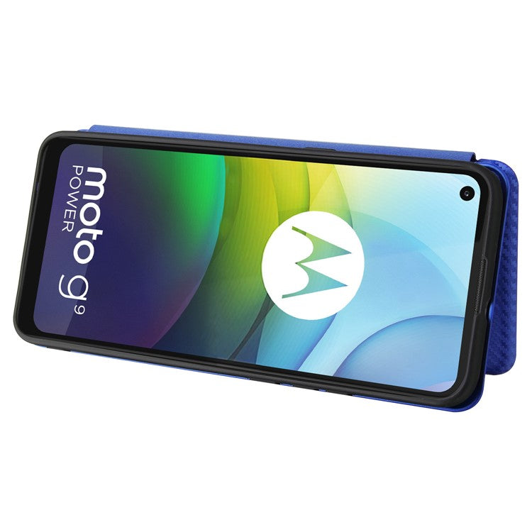 Auto-absorbed Carbon Fiber Leather Case with Card Holder for Motorola Moto G9 Power - Blue