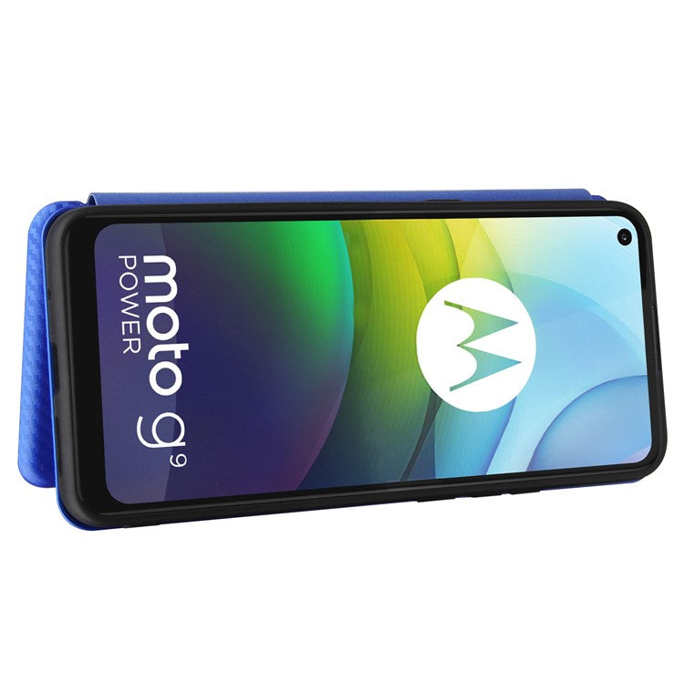Auto-absorbed Carbon Fiber Leather Case with Card Holder for Motorola Moto G9 Power - Blue