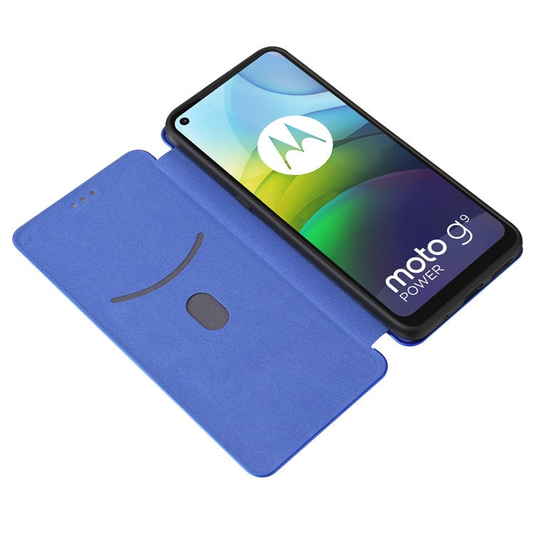 Auto-absorbed Carbon Fiber Leather Case with Card Holder for Motorola Moto G9 Power - Blue