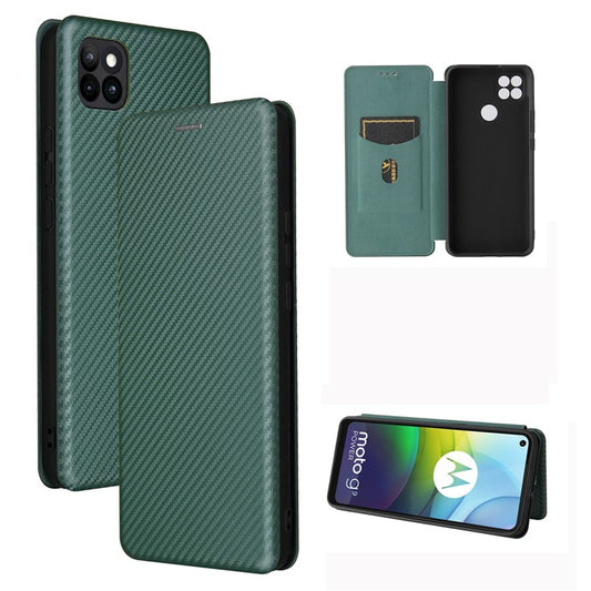 Auto-absorbed Carbon Fiber Leather Case with Card Holder for Motorola Moto G9 Power - Green
