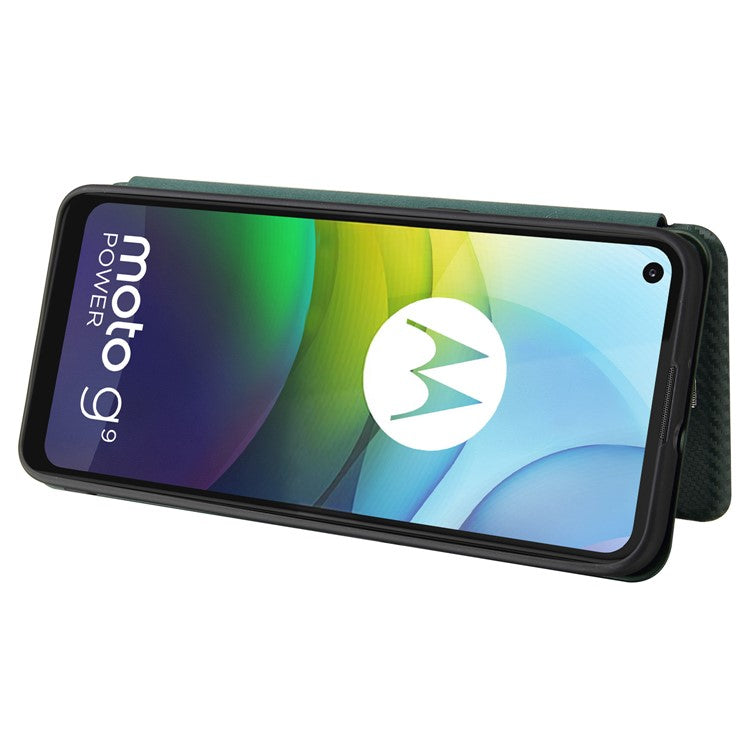 Auto-absorbed Carbon Fiber Leather Case with Card Holder for Motorola Moto G9 Power - Green