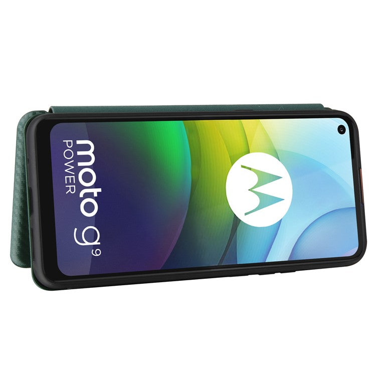 Auto-absorbed Carbon Fiber Leather Case with Card Holder for Motorola Moto G9 Power - Green